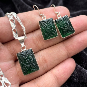 Collier et boucles d'oreilles sculptés en quartz vert de qualité AAA+, plaqués argent 925, faits à la main, ensemble de 10 pièces, certificat d'authenticité Cus-Jew76 - Product Image 3