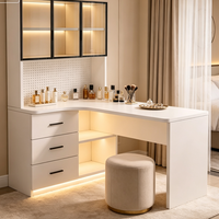 Meuble de maquillage d'angle moderne et bureau combinés avec meuble de rangement vitrine et rangement à panneaux perforés pour chambre à coucher