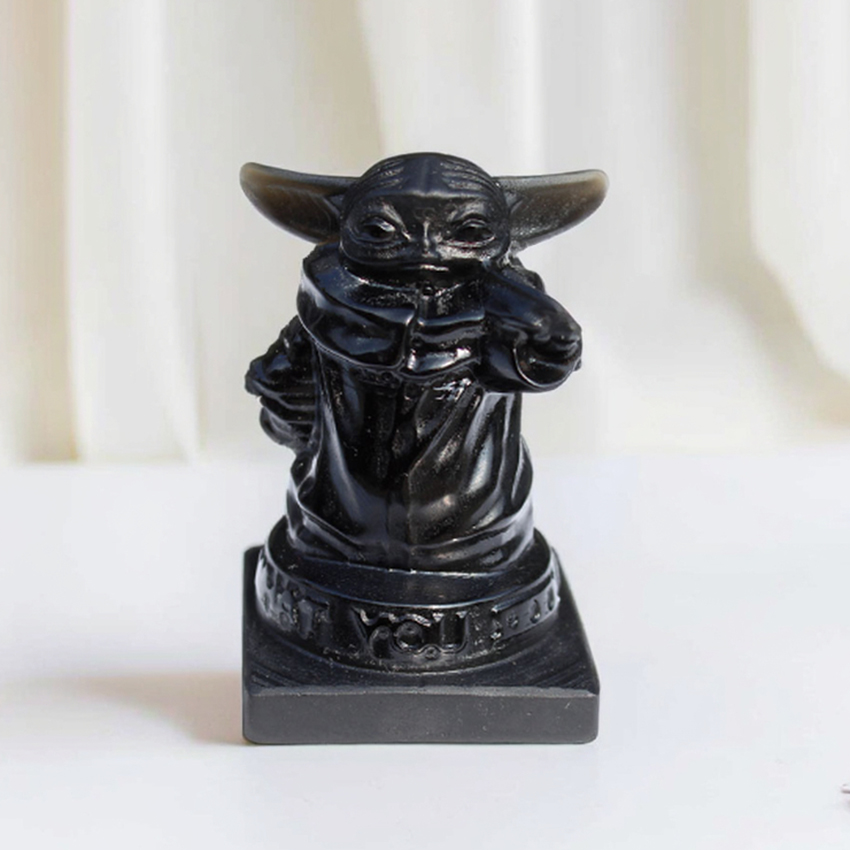 Резная вручную фигурка естественного черного обсидиана с кристаллами Baby Yoda для украшения дома