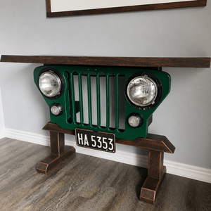 Vintage Jeep Style Console <b>Table</b> Recycled Metal and Wood Automobile Inspired Furniture for Living Room Entryway Office & Lounge - Product Image 1