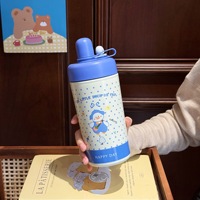 Botella de Agua de Acero Inoxidable para Niños con Estampado de Osito, Pato, Cordero y Gato, Tapa Doble Aislada, Termo con Correa de Mano Portátil