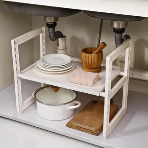 2-Tier Expansível Under-Sink Prateleira Multifuncional Banheiro Armário De Cozinha Organizador De Armazenamento Stand Instalação Embalado em Caixa