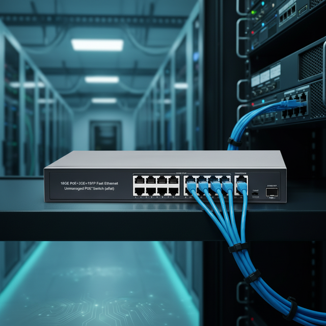 10/100/1000Mbps 16+2+1 Ports Unmanaged Gigabit Ethernet PoE Switch 802.3Af/At Built-in Power Supply VLAN Support Full-Duplex