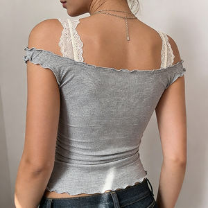 Y2K Off Shoulder Women <b>Top</b> Bow Lace <b>Patchwork</b> Slim Fit Sexy Sweet Style T Shirt Spring Summer Trendy Outfit - Product Image 5