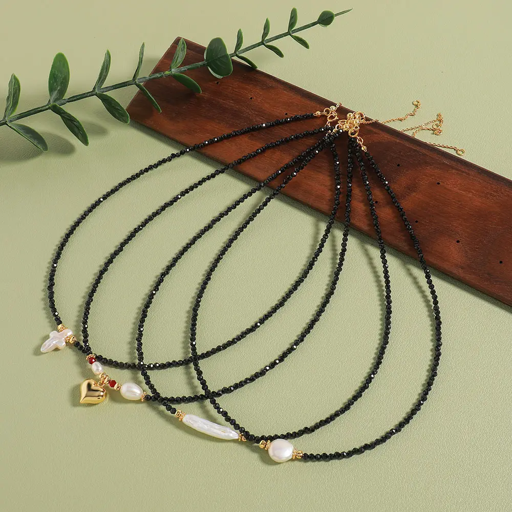 Stile Bohemia collana girocollo di perle a forma di 925 con perla a forma di cuore naturale e spinello nero per gioielli da donna