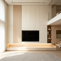 Console murale en chêne blanc crème sur mesure avec niche TV encastrée pour projet de villa de luxe ou de résidence montagne