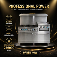 Cuisinière à gaz commerciale en acier inoxydable à 6 brûleurs avec plaque de cuisson, gril et four pour cuisine de restaurant