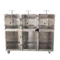 Cage vétérinaire en acier inoxydable à 6 compartiments avec roues et crochets IV pour chiens, chats et cliniques vétérinaires