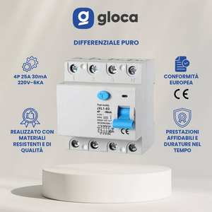 Gloca Rcbb 4P 30Ma 220V 6Ka 25A per uso domestico, montaggio su guida, in policarbonato - Product Image 2