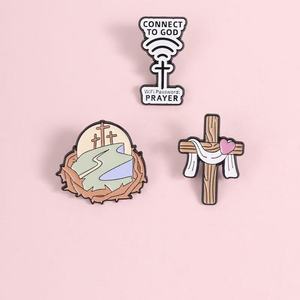 Broches religieuses créatives en alliage de zinc avec placage nickel noir - Motif Croix de Calvaire et Connexion à Dieu - Product Image 3