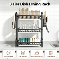 Égouttoir à vaisselle à 3 niveaux en acier au carbone, organisateur multifonctionnel pour assiettes et plats avec plateau de récupération des eaux amovible pour comptoir de cuisine