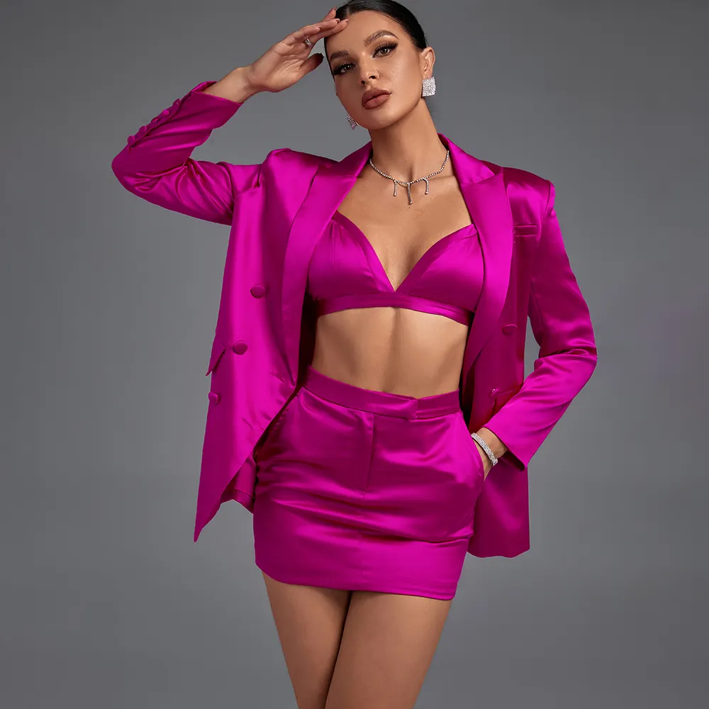 Ocstrade2023 Novo Luxo 3 Peça Saia Set Ternos Mulheres Algodão Saia de Cor Sólida E Blazer Set Office Suit Double Breasted Feminino