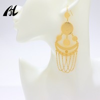 Nueva moda Dubai moneda turca Color dorado latón Metal árabe forma de Luna boda pendientes largos musulmanes