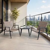 Ensemble bistro moderne d'extérieur 3 pièces avec sangles tressées couleur beige et table en métal noir