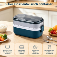 Boîte à lunch bento 3 étages pour enfants avec couvercle transparent et fourchette-cuillère, boîte en PP compatible micro-ondes pour étudiants et repas en extérieur