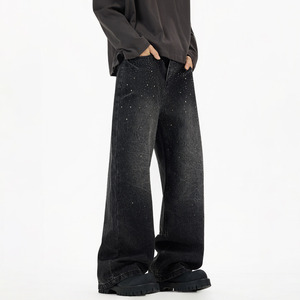 <span class=keywords><strong>Jeans</strong></span> Larghi da Uomo in Cotone Lavato con Strass Neri e <span class=keywords><strong>Grigi</strong></span>, Stile Americano Trendy High Street, Nuovi e Comodi - Product Image 3