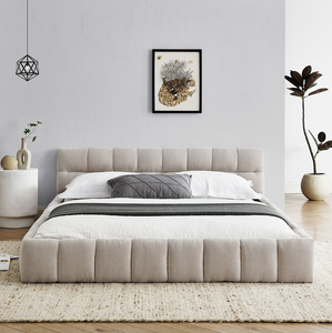 Modern <b>Queen</b> <b>Size</b> Adjustable Oak Frame Upholstered <b>Bed</b> with Thick Chenille Fabric Grounded Platform <b>Bed</b> and Headboard - Product Image 3