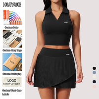 Set Yoga Pilates Wanita Musim Panas Terbaru 2-Piece Solid, Atasan Tenis Berkerah dengan Cup Tetap, Celana Pendek Bernapas dan Menyerap Keringat