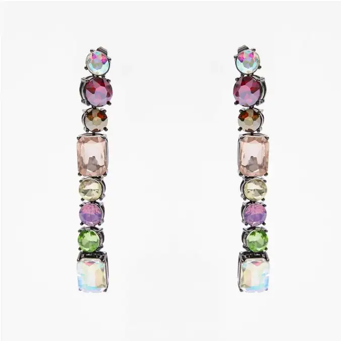 Bohemia Multicolor Za Gem Crystals Jewel Dangle Drop Earrings for Women Girl Metal Rhinestone Multilayer Earrings Jewelry