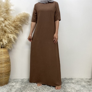 6722# New Stylish Design Crew Neck Wrinkle Crepe Versatile Half Sleeves Simplicity Solid Color <b>Dress</b> Summer Women Abaya <b>Dresses</b> - Product Image 3
