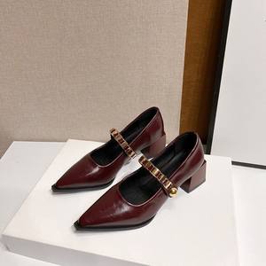 Zapatos de Tacón Medio con Punta en Pico y Correa de Cuero con Hebilla, Zapatos de Mujer con Cristales, Tendencia de Moda, Uso Diario, Primavera Verano - Product Image 2