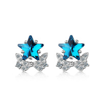 Petites boucles d'oreilles breloques en argent 925 pour femmes, perles cristal, étoile bleue, papillon, bijoux, cadeau d'anniversaire, exquis de mariage
