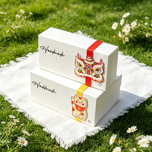 Boîte à dessert artisanale personnalisée avec logo, avec sangle motif chat porte-bonheur/danse du lion, boîte cadeau en papier pour biscuits, pâtisseries et cadeaux de fête - Product Image 2