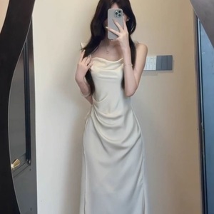 French Style <b>Satin</b> <b>Halter</b> Neck Dress Natural Waist Asymmetric Midi Evening Dress Solid Color Comfortable Fit - Product Image 2