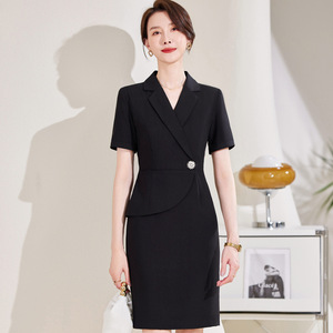Career Dress Black Short Sleeve Notched Collar Anti-Wrinkle Work Uniform Women Elegant Office Wear - Product Image 1