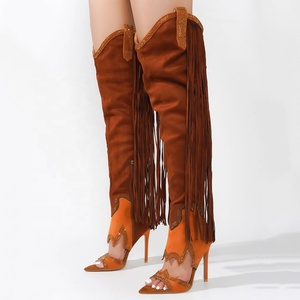 Botas largas de verano para mujer con borlas, tacón de aguja, punta abierta, diamantes, patchwork y cremallera lateral - Product Image 1