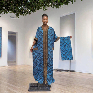 Robe Abaya Dashiki à imprimé africain, col en V, pour femmes, avec garniture en strass, tenue de soirée musulmane - Product Image 3