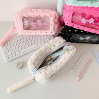 Étui à crayons en peluche de style coréen, couleur bonbon, avec nœud et cœur, sac de rangement pour fournitures scolaires et de bureau