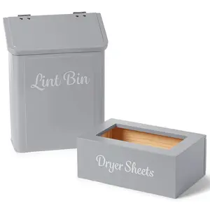 Customize Gray Laundry Room Decor and Accessories Organization Storage box Metal Lint Bin with Lid & Dryer Sheet Holder Set