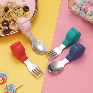 Juego de tenedor/cuchara de silicona de acero inoxidable 304 para niños, cuchara de entrenamiento con dibujos animados, regalo de comida complementaria para bebés - Product Image 2