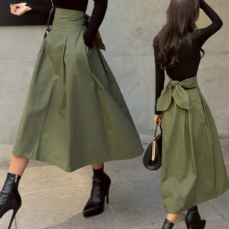 Elegant Womens Korean Fashion Solid Color Big Swing Skirt Ladies Long Skirt 2022 Autumn Wild High Waist Bow Slim Skirts