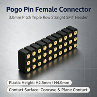 Connecteur femelle Denentech Pogo Pin, pas de 3,0 mm, triple rangée, tête droite SMT, H2,5 mm et H4,0 mm, contact plan concave pour PCB