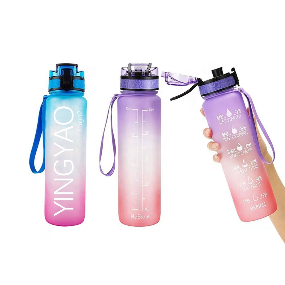 Custom Logo Straw Flip Top Filter Plastic Sport BPA Free 1l 32oz 32 oz Tritan Motivational Water Bottle With Time Marker