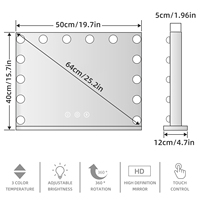 Meja rias dengan cermin, bingkai logam kaca, 14 lampu LED, dimmer sentuh, persegi, lampu kosmetik pintar, warna emas dan perak