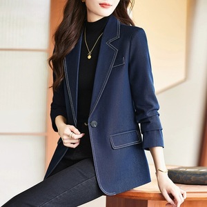 Women's Navy Blue Blazer Slim Fit Polyester Anti-Wrinkle Spring Autumn Wear - Product Image 1