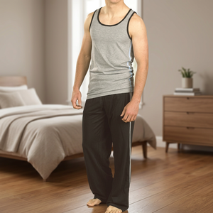 <b>Men's</b> Casual Style 100% Cotton Striped Breathable Knitted <b>Short</b> Sleeve Vest Top & Long Pant <b>Pyjamas</b> - Product Image 3
