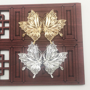 Pendentif papillon en filigrane creux en cuivre pur, plaqué or et argent, matériau pour accessoires de cheveux, pour pinces à cheveux - Product Image 1