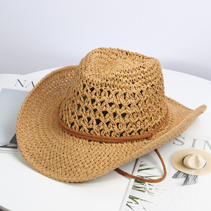 Großhandel westlichen Cowboyhut Strand Jazz Hut Ritter große Krempe Cowboy Strohhüte mit Seil - Product Image 3
