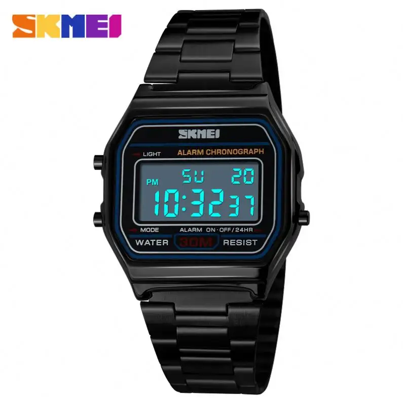 SKMEI 1123 럭셔리 블랙 남성 쿼츠 시계 스테인레스 스틸 밴드 직사각형 디지털 디스플레이 중소 기업 손목시계