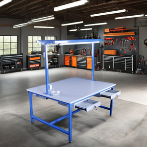 Banc de travail multifonctionnel simple double face avec deux tiroirs, structure en acier robuste, capacité de charge de 300 kg, taille personnalisable, état neuf - Product Image 1