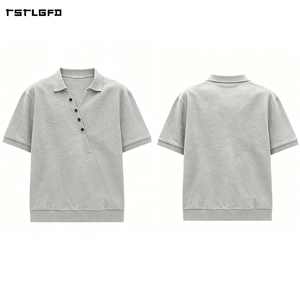 Polo de Algodón Grueso Gris para Hombre, Cierre de Botones Diagonal, Corte Recto, Estilo Minimalista, Prenda Urbana de Diseño - Product Image 2