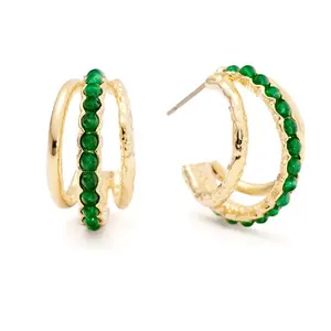 Milskyefine fashion jewelry 18k gold plated brass emerald olivine and malachite triple gem hoops earring