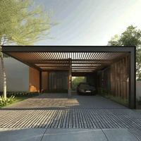 Abri de voiture double moderne haut de gamme en alliage d'aluminium thermolaqué avec cadre à grain de bois, toit en arche, étanche, pour bureau commercial, 2 voitures