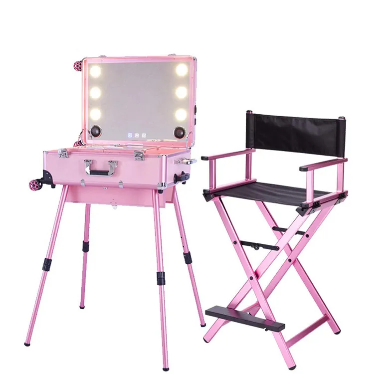 Estuche de maquillaje con ruedas con espejo LED de pantalla completa y patas ajustables Silla de director de artista de maquillaje plegable de alta resistencia