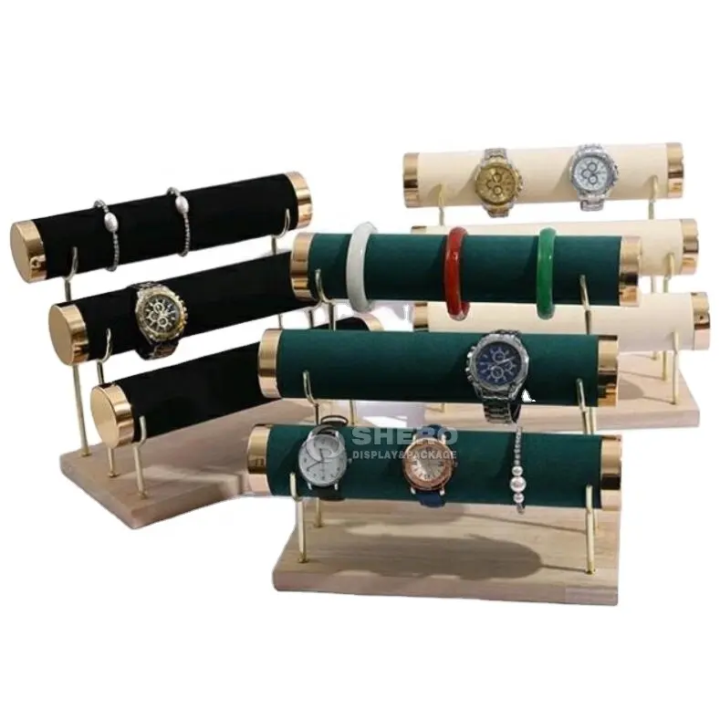 High quality Wrist Watch bracelet bangle organizer Detachable Holder Three Tier metal wood velvet jewelry display stands