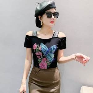 Hợp Thời Trang Cô Gái Đầy Màu Sắc Bướm Hoa TEE Tops Hot Ép Rhinestone Phụ Nữ Ngắn Tay Áo Ánh Sáng Sang Trọng Thoáng Khí Quần Áo T-Shirt - Product Image 5